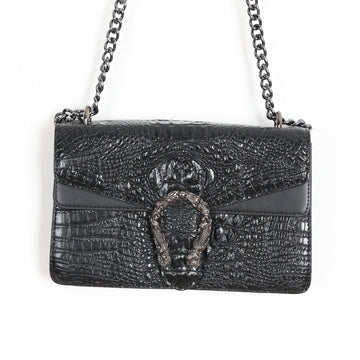 Black Croc-Effect Chain-Strap Crossbody Bag