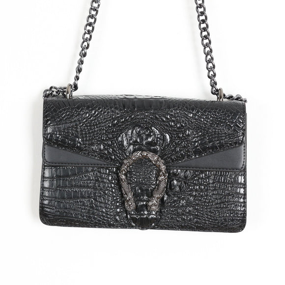 Black Croc-Effect Chain-Strap Crossbody Bag