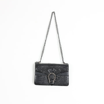 Black Croc-Effect Chain-Strap Crossbody Bag - 0