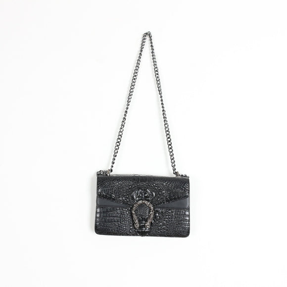 Black Croc-Effect Chain-Strap Crossbody Bag