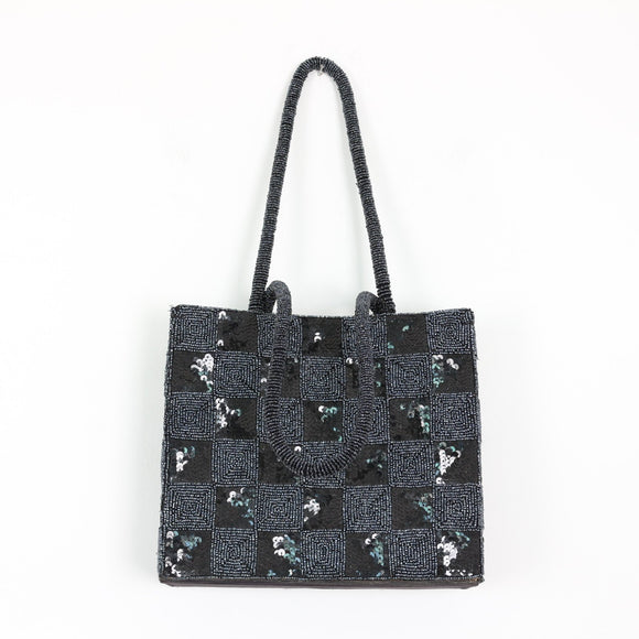 Black & Grey Chequered Beaded Boxy Handbag
