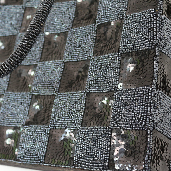 Black & Grey Chequered Beaded Boxy Handbag