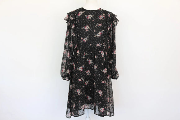 Black Chiffon Pink Floral Print Dress – Size M | Brand new