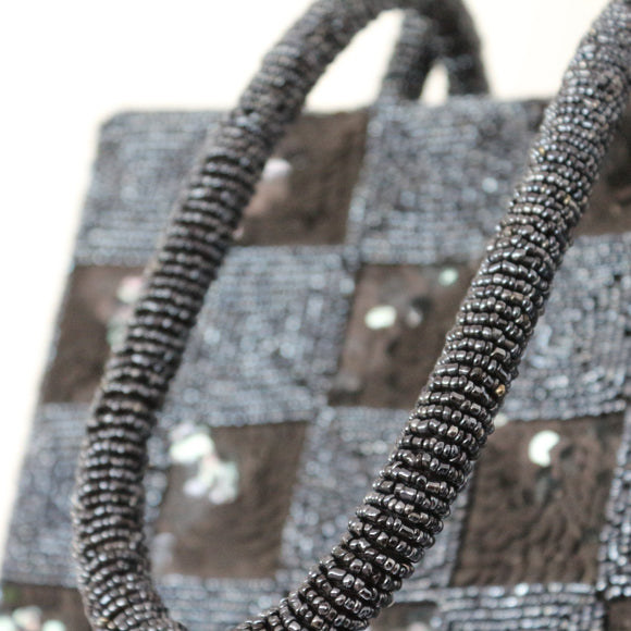 Black & Grey Chequered Beaded Boxy Handbag