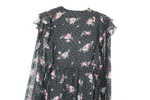 Black Chiffon Pink Floral Print Dress – Size M | Brand new