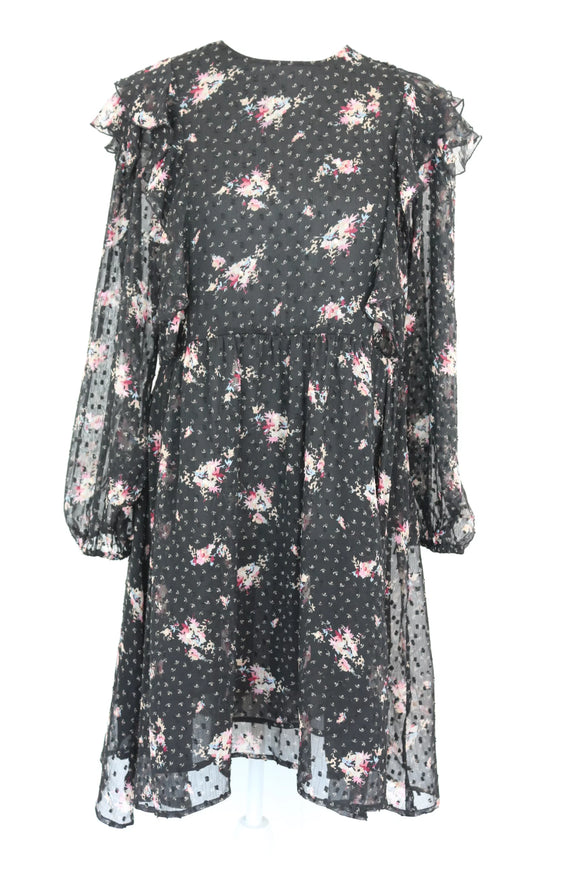 Black Chiffon Pink Floral Print Dress – Size M | Brand new
