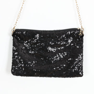 Black Sequin Crossbody Bag with Gold-Tone Chain Strap