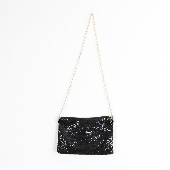 Black Sequin Crossbody Bag with Gold-Tone Chain Strap