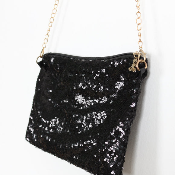 Black Sequin Crossbody Bag with Gold-Tone Chain Strap