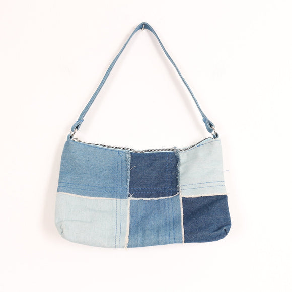 Blue Patchwork Denim Shoulder Bag with Frayed Detail