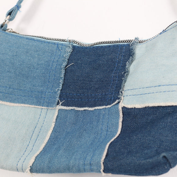 Blue Patchwork Denim Shoulder Bag with Frayed Detail