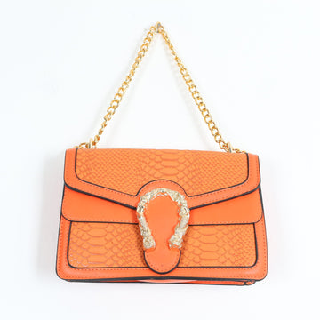 Orange Snake-Effect Bag with Gold-Tone Chain Strap