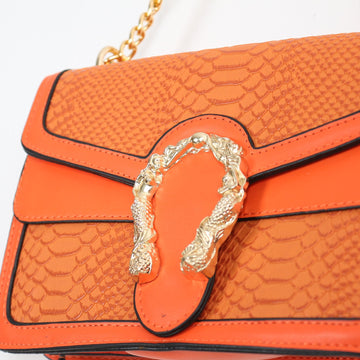 Orange Snake-Effect Bag with Gold-Tone Chain Strap - 0