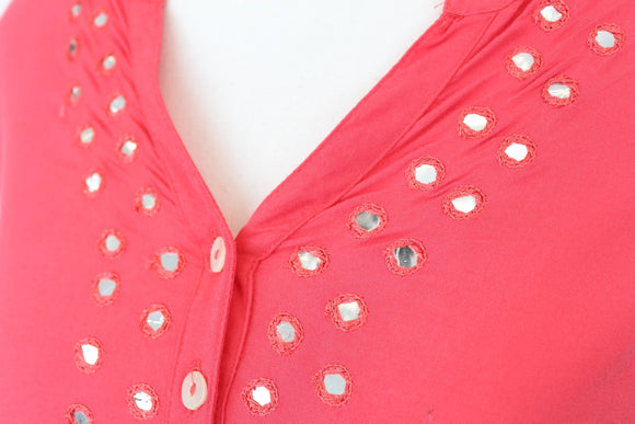 Coral Red Gold Studded V-Neck Kaftan Dress – M