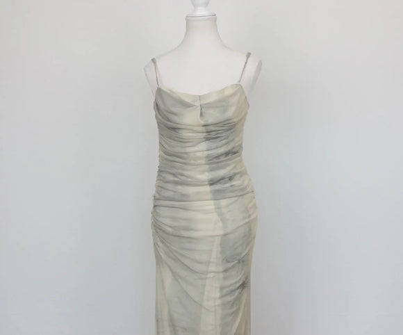 Zara Grey & Cream Ruched Spaghetti Strap Maxi Dress – L
