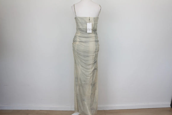 Zara Grey & Cream Ruched Spaghetti Strap Maxi Dress – L