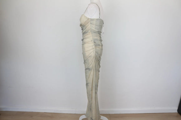 Zara Grey & Cream Ruched Spaghetti Strap Maxi Dress – L