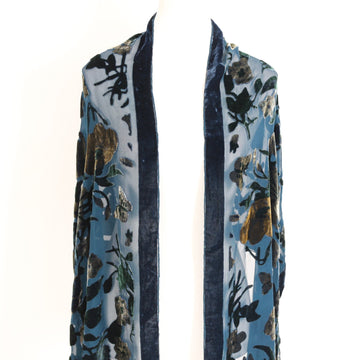 Blue Floral Burnout Velvet Scarf with Fringe