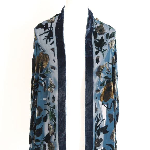 Blue Floral Burnout Velvet Scarf with Fringe