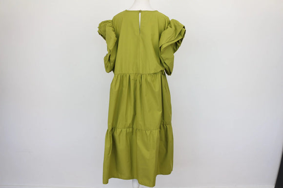 Olive Green Puff Sleeve Tiered Midi Dress – Size 44