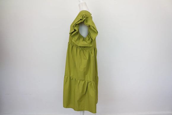 Olive Green Puff Sleeve Tiered Midi Dress – Size 44