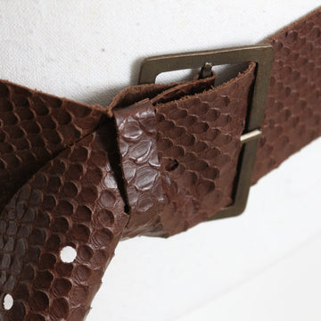 Wide Brown Genuine Leather Snake-Effect Belt - 0