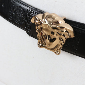 Versace Black Greek Key Embossed Leather Belt with Gold-Tone Medusa Buckle - 0