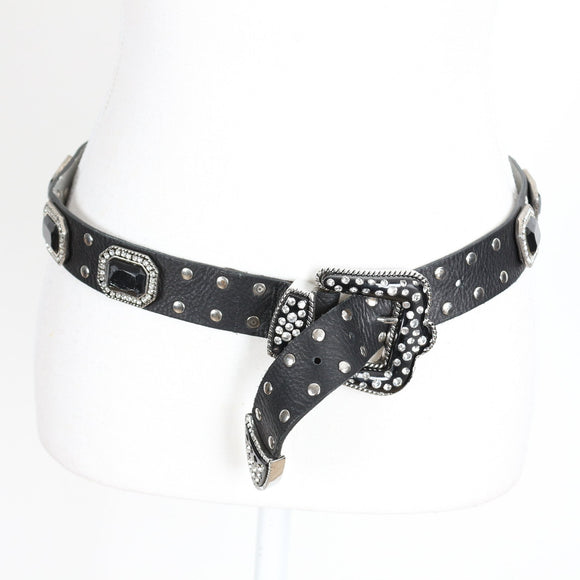 Black Studded Belt with Rhinestone Buckle and Black Gem Embellishments
