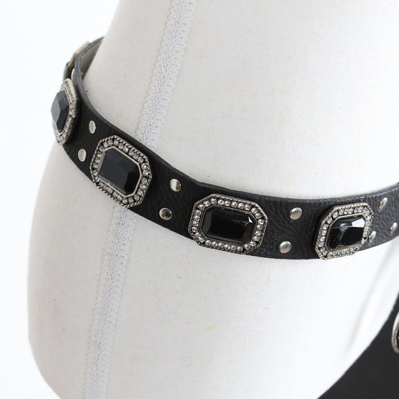 Black Studded Belt with Rhinestone Buckle and Black Gem Embellishments