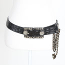 Black Croc-Effect Leather Belt with Rhinestone Buckle and Hanging Chains-1