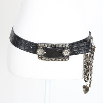 Black Croc-Effect Leather Belt with Rhinestone Buckle and Hanging Chains