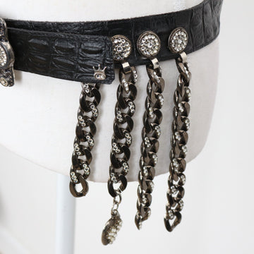 Black Croc-Effect Leather Belt with Rhinestone Buckle and Hanging Chains - 0