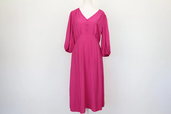 Bright Pink Puff Sleeve Midi Dress – V-Neck | Size 12 | New with Tags
