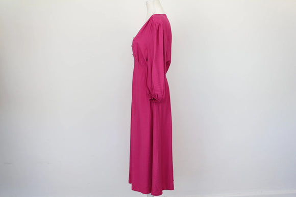 Bright Pink Puff Sleeve Midi Dress – V-Neck | Size 12 | New with Tags