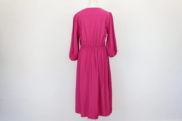 Bright Pink Puff Sleeve Midi Dress – V-Neck | Size 12 | New with Tags