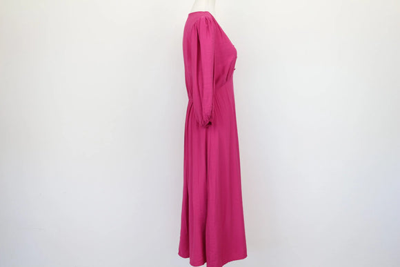 Bright Pink Puff Sleeve Midi Dress – V-Neck | Size 12 | New with Tags