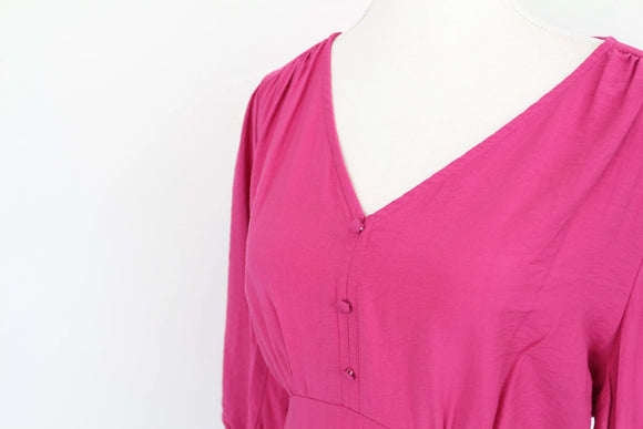Bright Pink Puff Sleeve Midi Dress – V-Neck | Size 12 | New with Tags