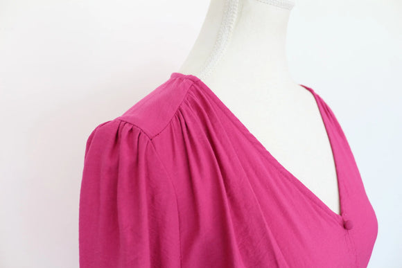 Bright Pink Puff Sleeve Midi Dress – V-Neck | Size 12 | New with Tags
