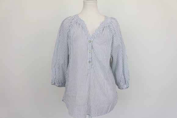 Target White & Navy Pinstripe V-Neck Balloon Sleeve Cotton Blouse – Size 12
