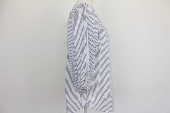 Target White & Navy Pinstripe V-Neck Balloon Sleeve Cotton Blouse – Size 12