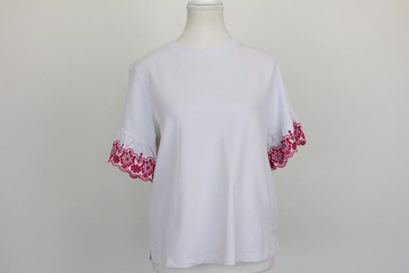 Poetry White Floral Embroidered Sleeve Ruffle Cuff Top – S