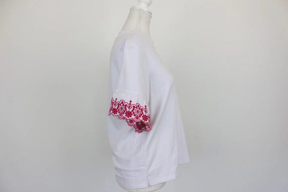 Poetry White Floral Embroidered Sleeve Ruffle Cuff Top – S