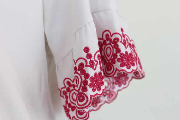 Poetry White Floral Embroidered Sleeve Ruffle Cuff Top – S