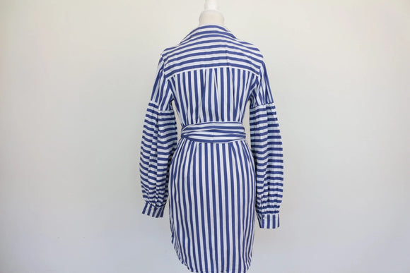 Zara Navy & White Stripe Oversized Balloon Sleeve Belted Shirt Dress – S