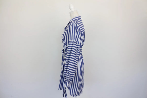 Zara Navy & White Stripe Oversized Balloon Sleeve Belted Shirt Dress – S