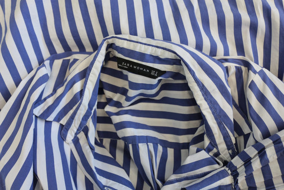 Zara Navy & White Stripe Oversized Balloon Sleeve Belted Shirt Dress – S