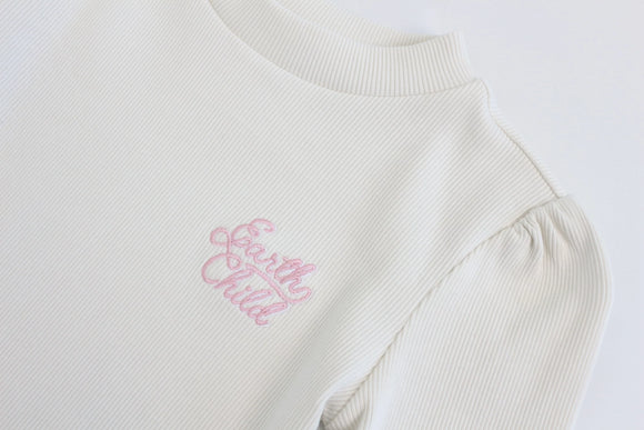 Earthchild Kids' Cream Ribbed Long-Sleeve Top – Pink Embroidery | Brand New