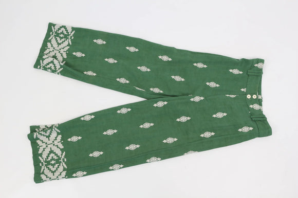 Vintage Zara Green Linen Wide-Leg Pants – White Embroidery | Size XS