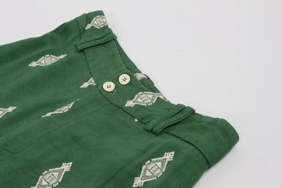 Vintage Zara Green Linen Wide-Leg Pants – White Embroidery | Size XS
