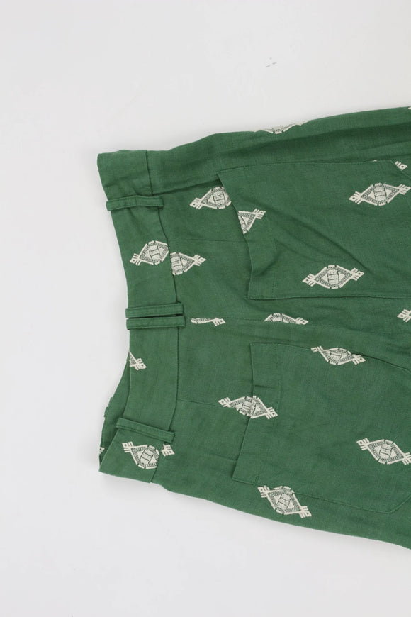 Vintage Zara Green Linen Wide-Leg Pants – White Embroidery | Size XS